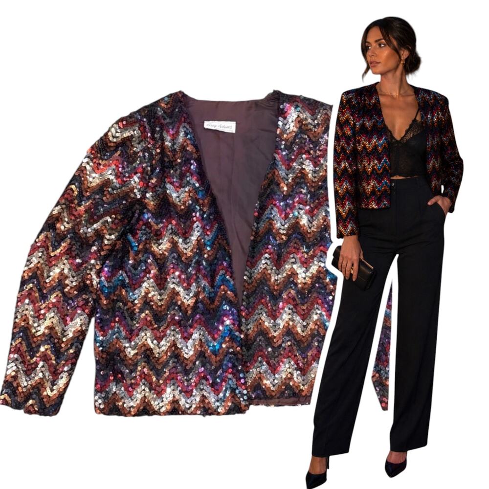 Vintage Greg Adams Sequin Jacket Open Front Multicolor Chevron Glam Disco Retro